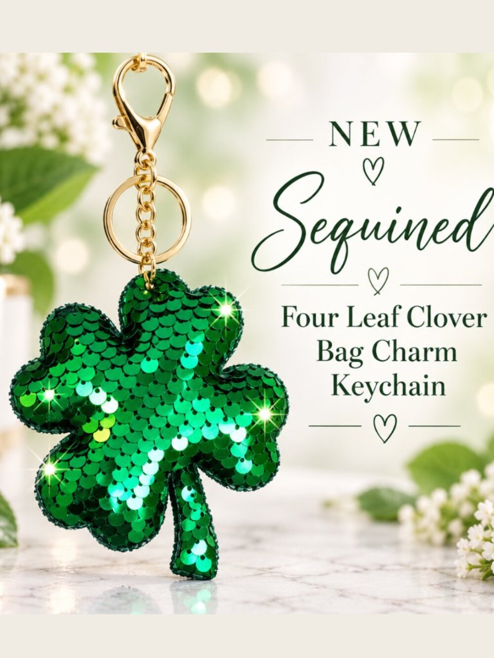 New Green Sequin Four Leaf Clover Bag Charm Keychain